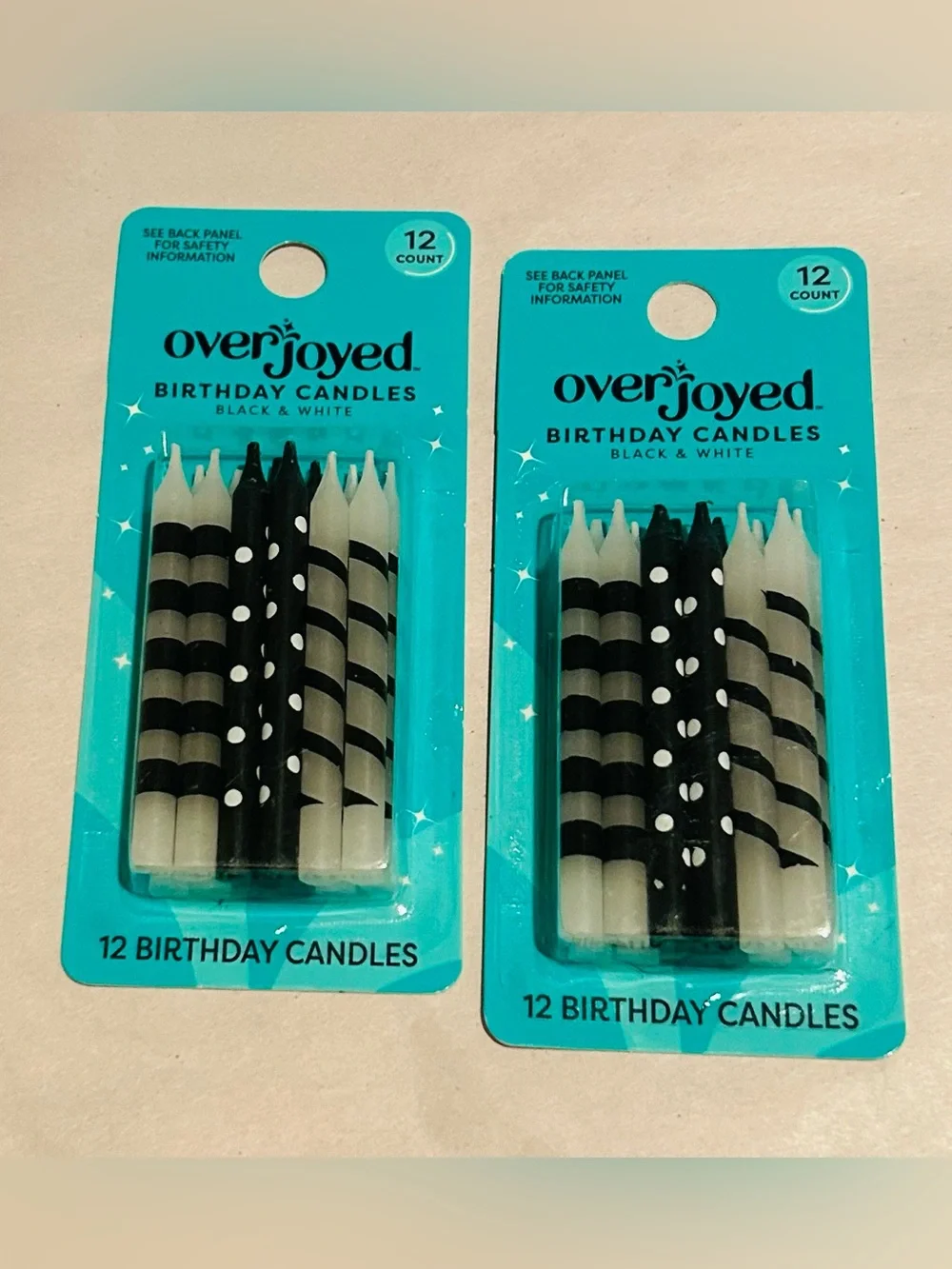 New 2 Packages Overjoyed Black and White 2 3/8” Candles 24 Candles Total